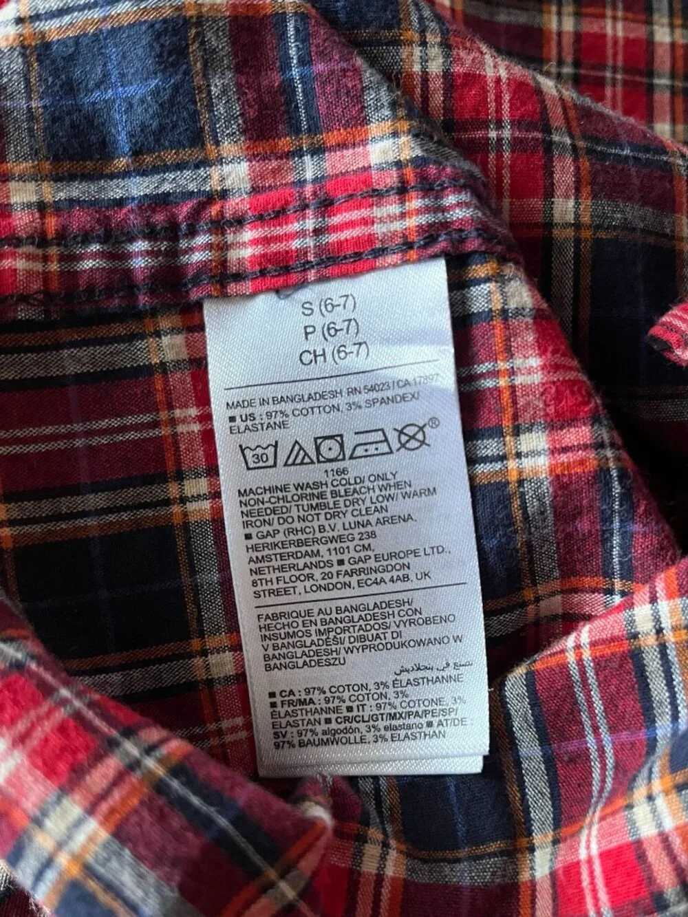 Old Navy red and navy blue plaid button-down shirt S 6-7